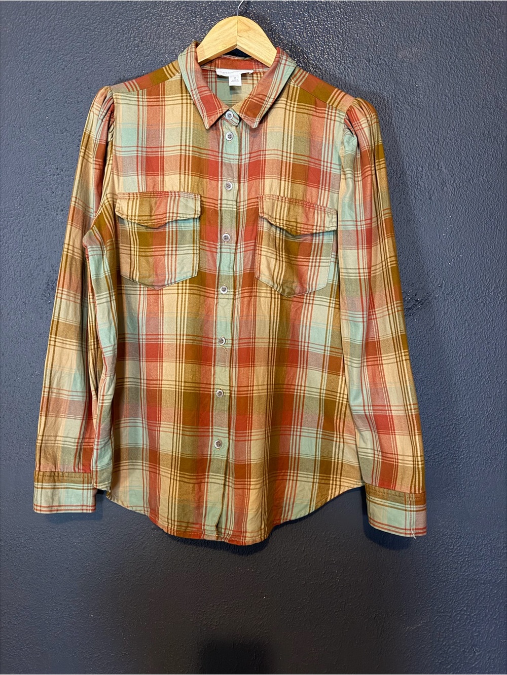 Treasure & Bond Plaid Button-Down Shirt in Rust, Sage & Mustard
